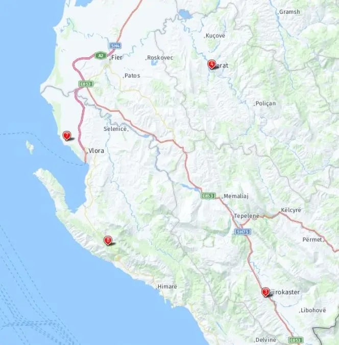 Tour map for Explore Albania - Tirana, Berat & Llogara National Park