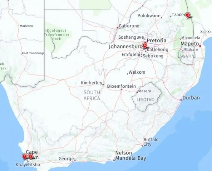 Tour map for Explore South Africa - Cape Town, Johannesburg & Kruger Safari