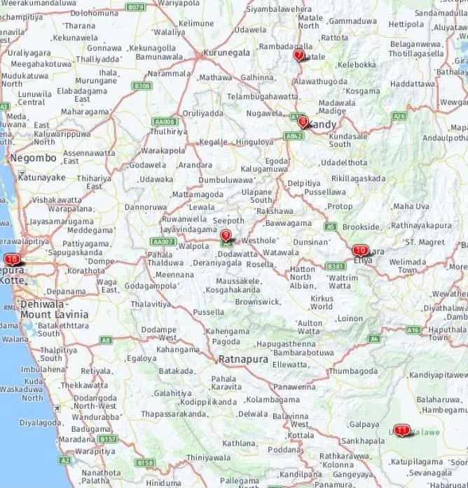 Tour map for Explore Sri Lanka - Sigiriya, Dambulla & Udawalawe Safari