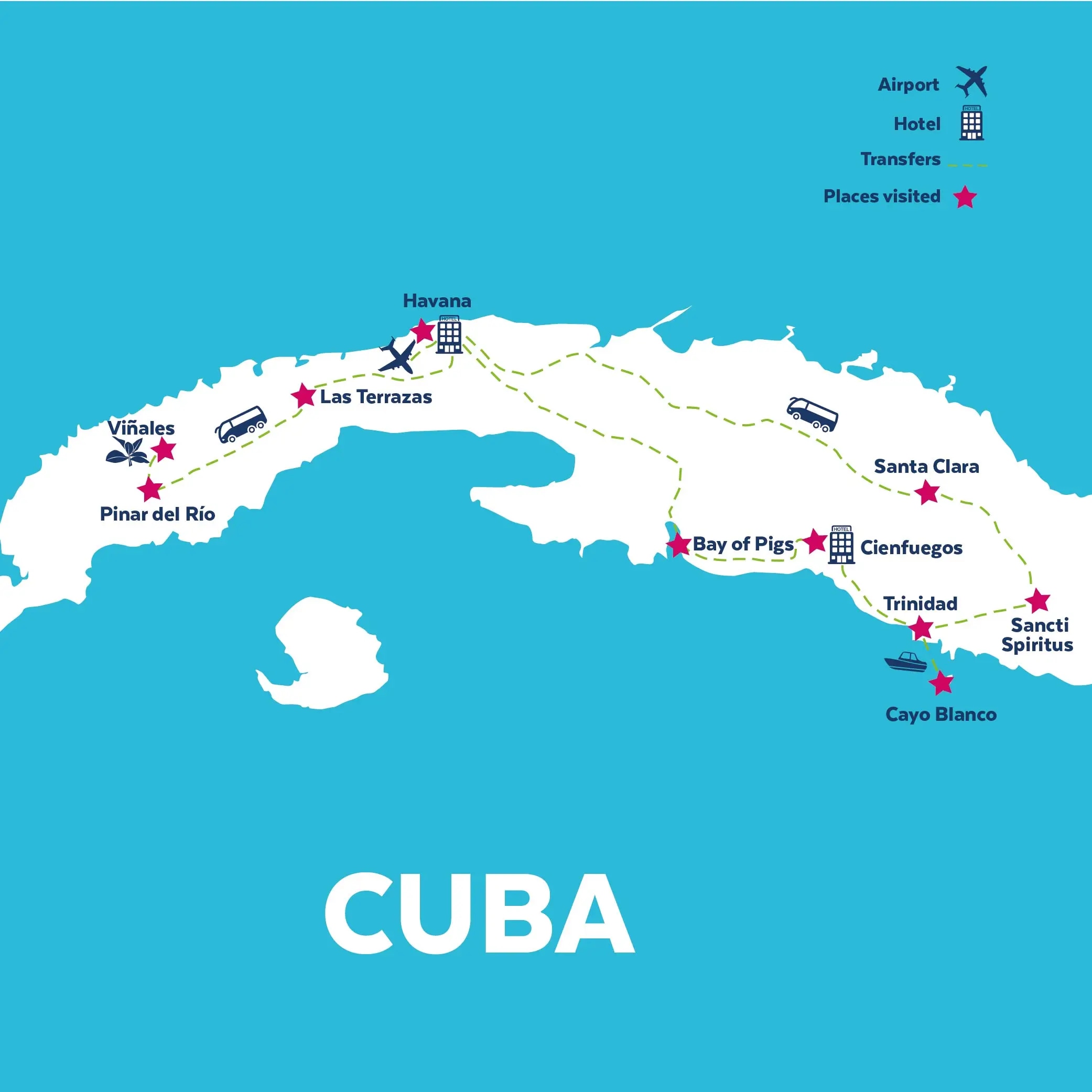 Tour map for Explore Cuba - Havana, Bay Of Pigs & Cayo Blanco Catamaran