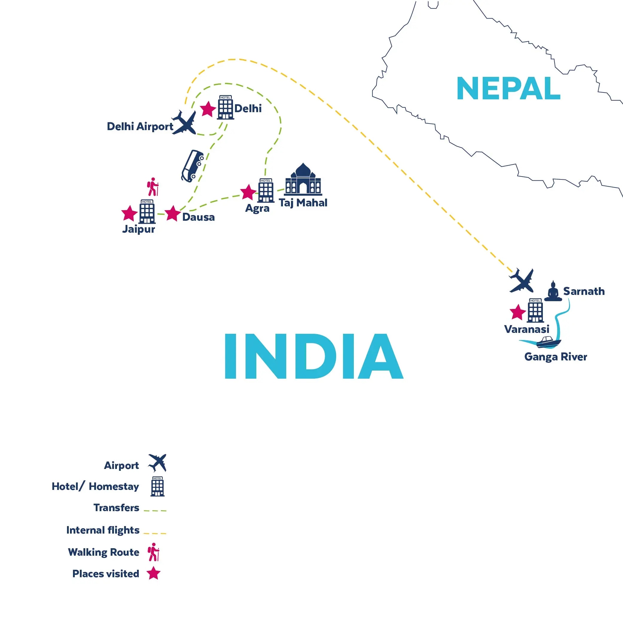 Tour map for  Explore India - Delhi, Taj Mahal, Jaipur & Cruise The Ganges