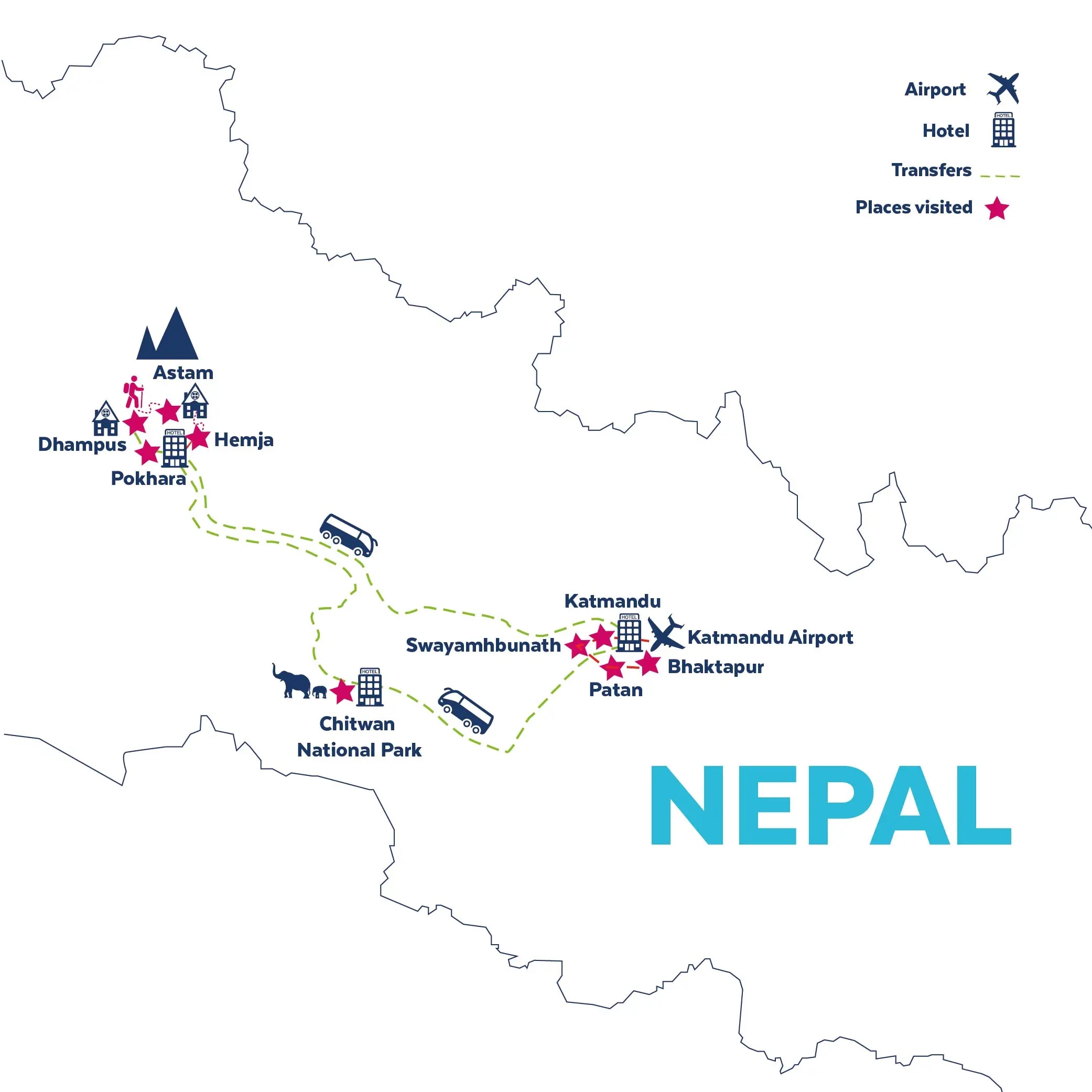 Tour map for Explore Nepal - Himalayas Trek, Kathmandu & Yoga in Pokhara