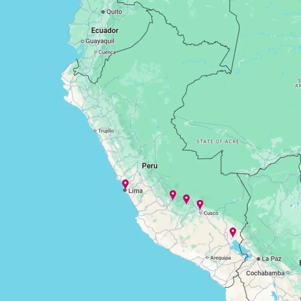 Tour map for Explore Peru - Machu Picchu, Hike Inca Trail & Lake Titicaca