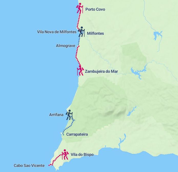 Tour map for Rota Vicentina – Portugal Fishermen’s Trail Walking Holiday