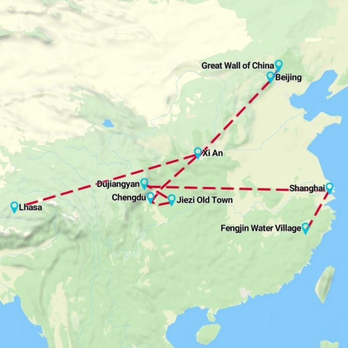 Tour map for Explore China & Tibet - Hike The Great Wall, Beijing & Pandas