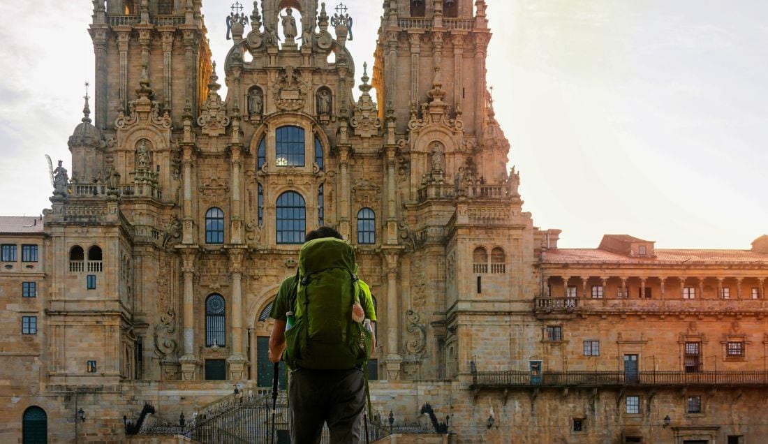 Follow the Camino path to the Cathedral of Santiago de Compostela.